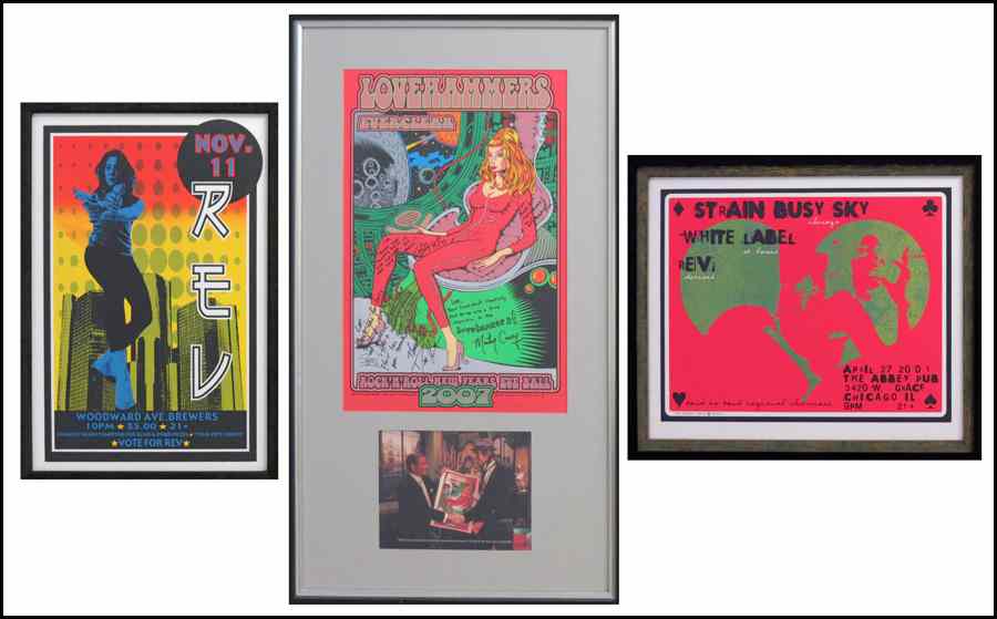 Appraisal: GROUP OF THREE FRAMED CONCERT POSTERS Lovehammers Chuck Sperry signed