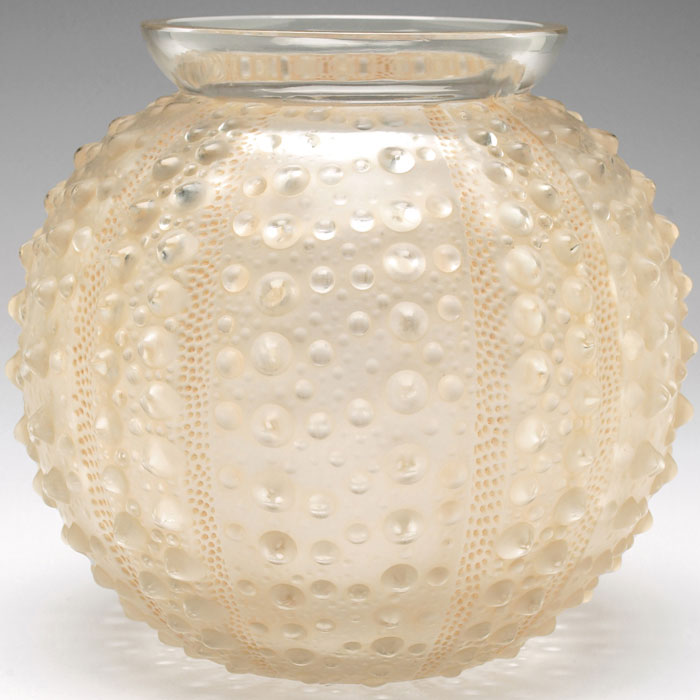 Appraisal: Rene Lalique vase molded and frosted tan glass with vertical