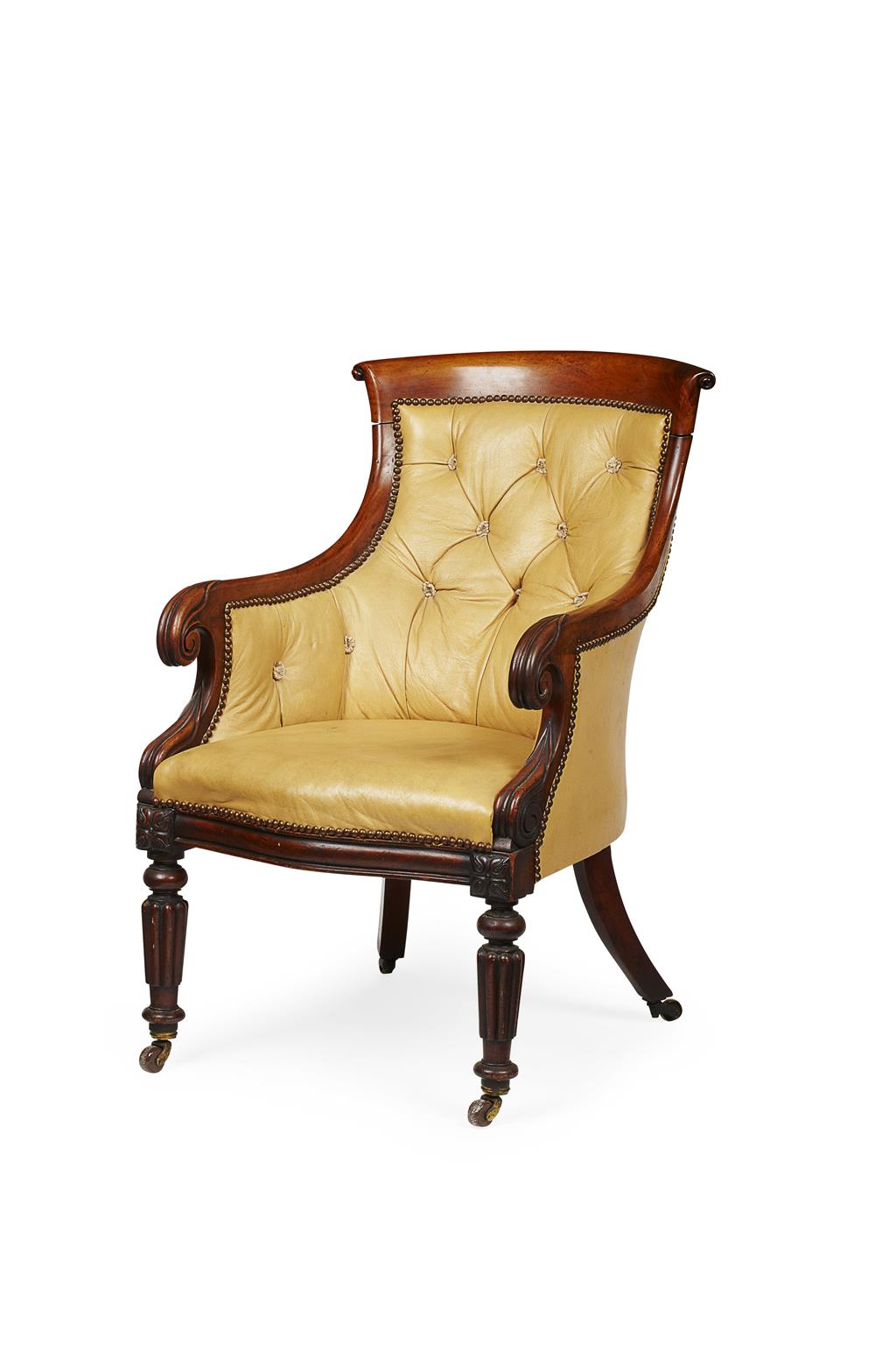 Appraisal: GEORGE IV LEATHER UPHOLSTERED ARMCHAIR CIRCA the scrolled top rail