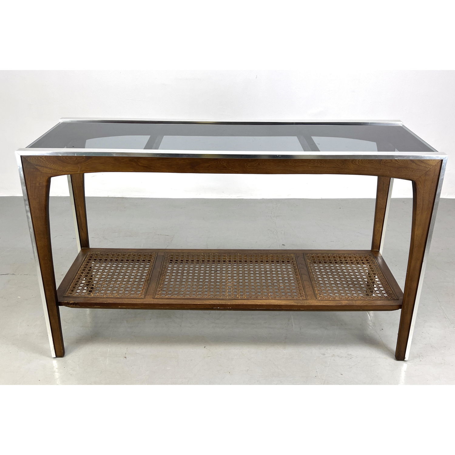 Appraisal: Midcentury modern console table with brushed aluminum smoked glass and