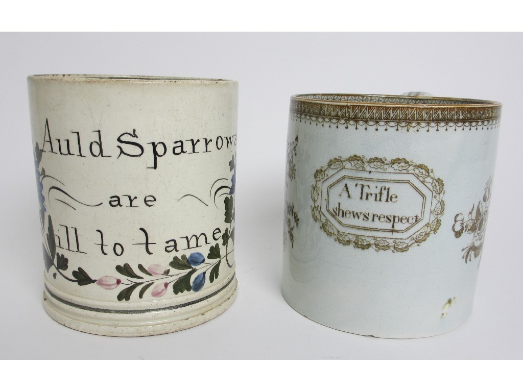 Appraisal: A Fife Pottery mug inscribed 'Auld Sparrows are ill to