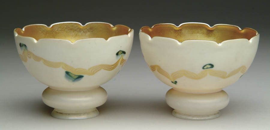 Appraisal: PAIR OF STEUBEN SHADES Extremely rare decorated Steuben shades are