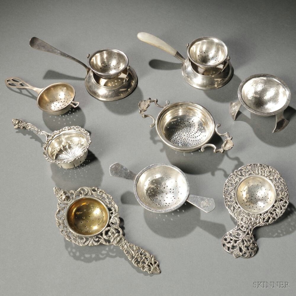 Appraisal: Eight American English and European Silver Tea Strainers th th