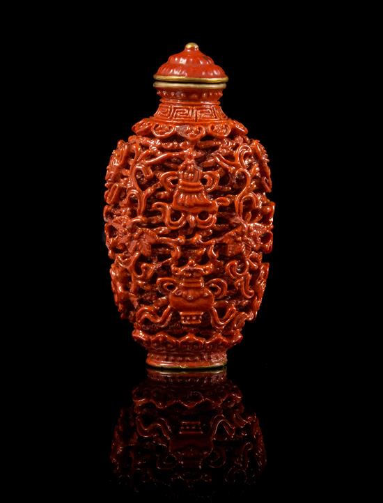 Appraisal: Sale Lot A Red Glazed Porcelain Imitating Cinnabar Snuff Bottle