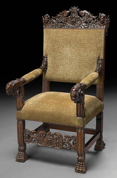 Appraisal: An Italian Renaissance style carved walnut armchair circa The upholstered