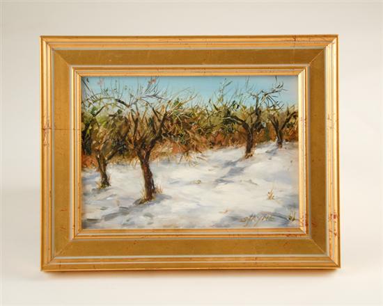 Appraisal: Sarah Jayne Virginia Artist Winter Orchard Oil on Panel Signed