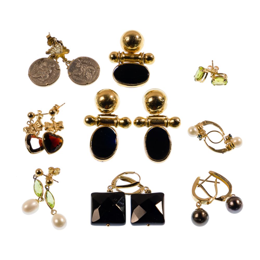 Appraisal: K GOLD AND GEMSTONE EARRING ASSORTMENT pairs of pierced earrings