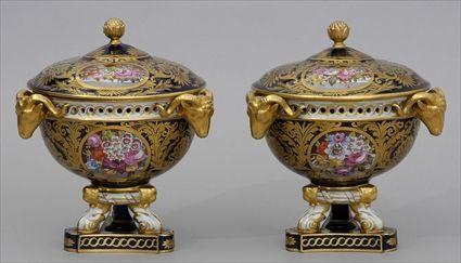 Appraisal: PAIR OF DERBY PORCELAIN POTPOURRI AND COVERS Each hemispherical cobalt