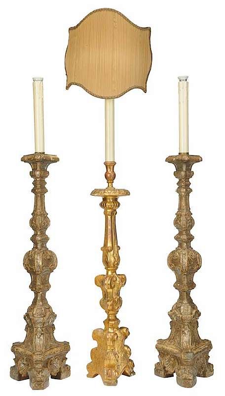 Appraisal: Three Italian Baroque Style Carved Lamps th century with older