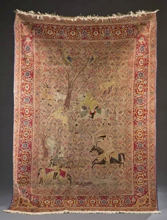 Appraisal: Persian Hunt Scene rug A Persian hunt scene rug c