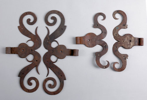 Appraisal: Two pair of wrought iron ram's horn hinges th c