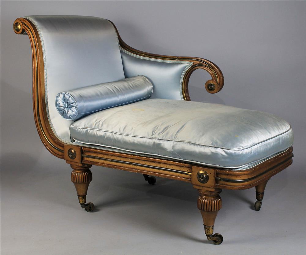 Appraisal: LOUIS XVI STYLE CHAISE LOUNGE WITH BLUE UPHOLSTERY TH CENTURY