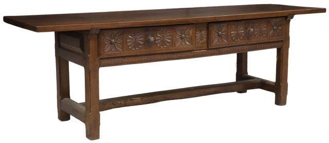 Appraisal: Spanish Baroque style mixed wood table early th c overhanging