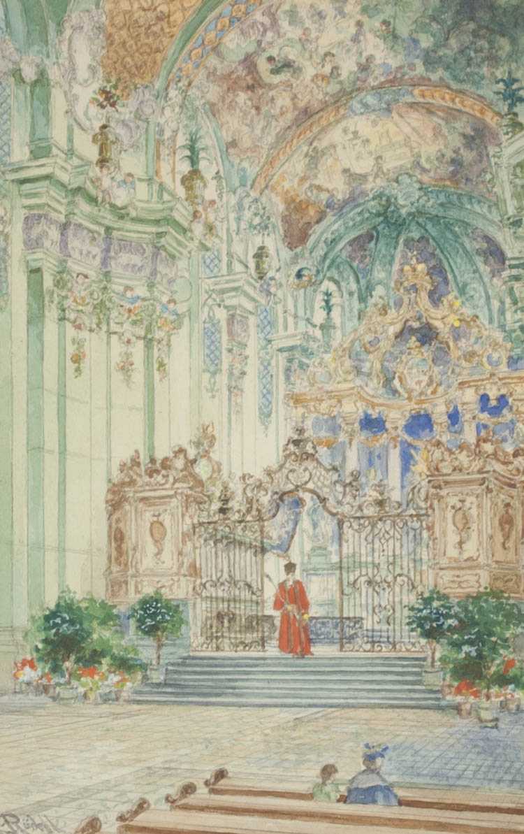 Appraisal: CARL RUDELL WATERCOLOR ON PAPER Germany - Cathedral interior Image