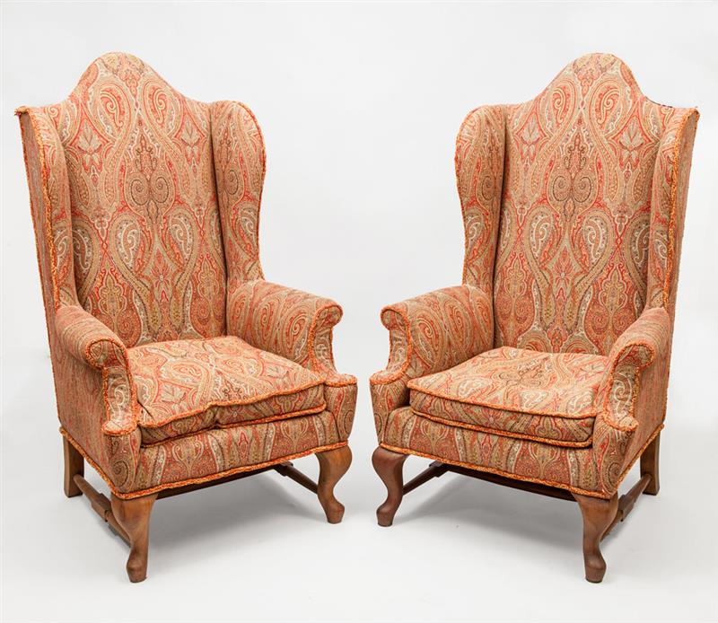 Appraisal: Pair of Queen Anne Style Paisley-Upholstered Wing Chairs x x