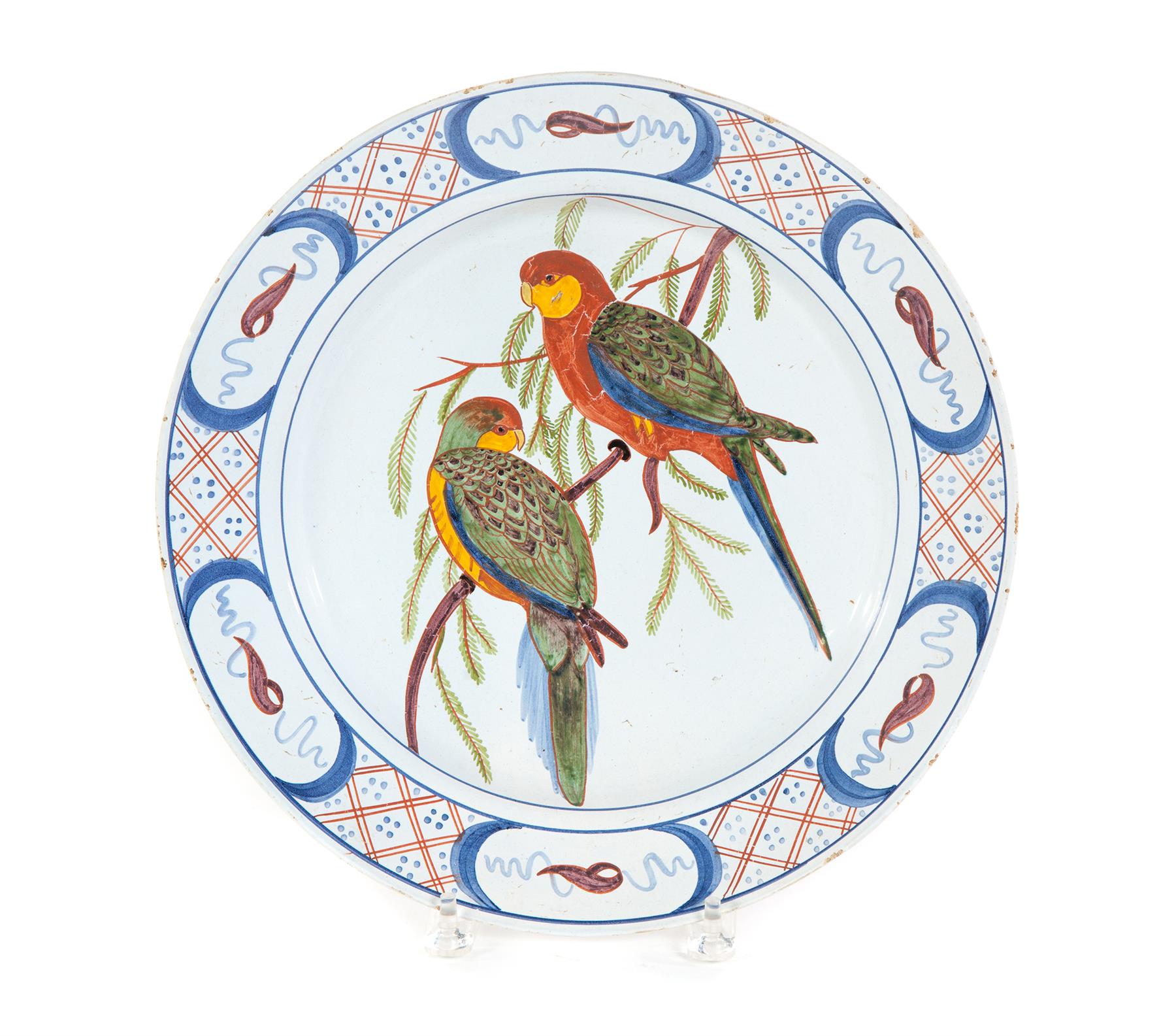 Appraisal: DELFT CHARGER Probably England early th century Two parrots Initialed