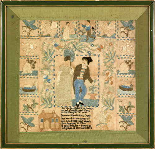 Appraisal: Harrisburg Pennsylvania silk on linen sampler dated wrought by Sarah