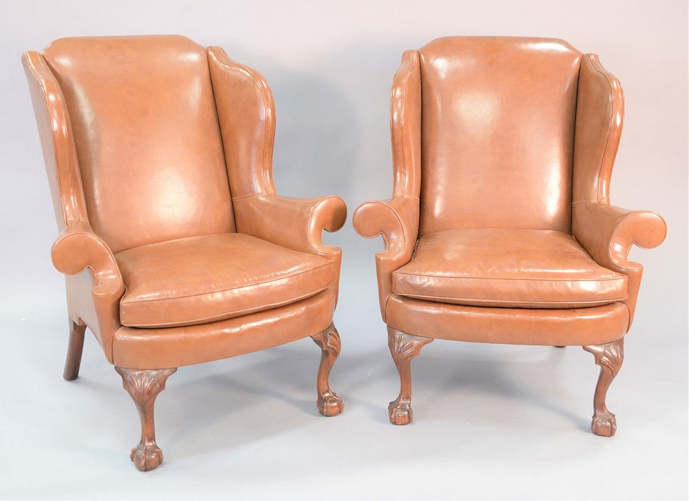 Appraisal: Pair of Kindel Winterthur Collection brown leather Chippendale style wing