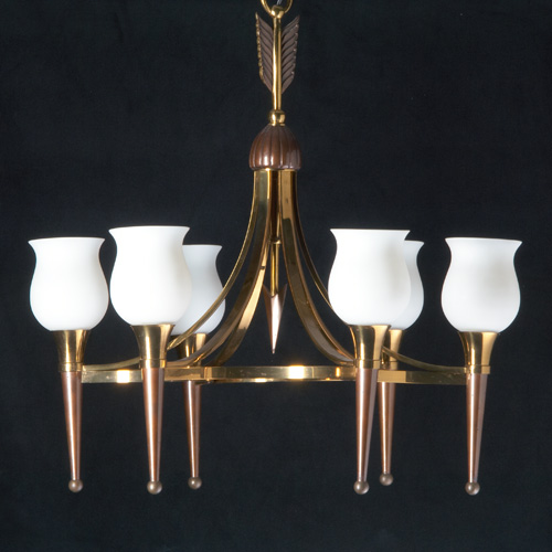 Appraisal: LIGHTING Six-arm chandelier on mixed metal frame with six frosted