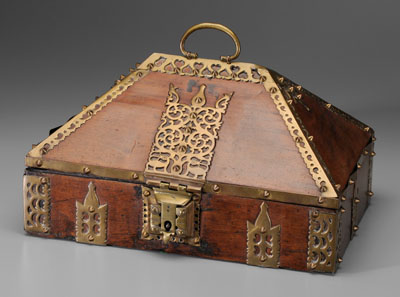 Appraisal: Brass-mounted wood box pyramidal lid two compartments Middle Eastern th