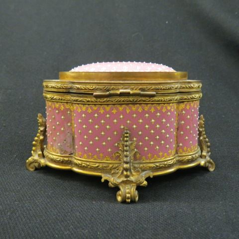 Appraisal: French Enameled Bronzed Dresser Box white on pink footed oval