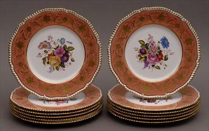 Appraisal: SET OF TWELVE SPODE COPELAND HAND-COLORED PLATES Each with floral