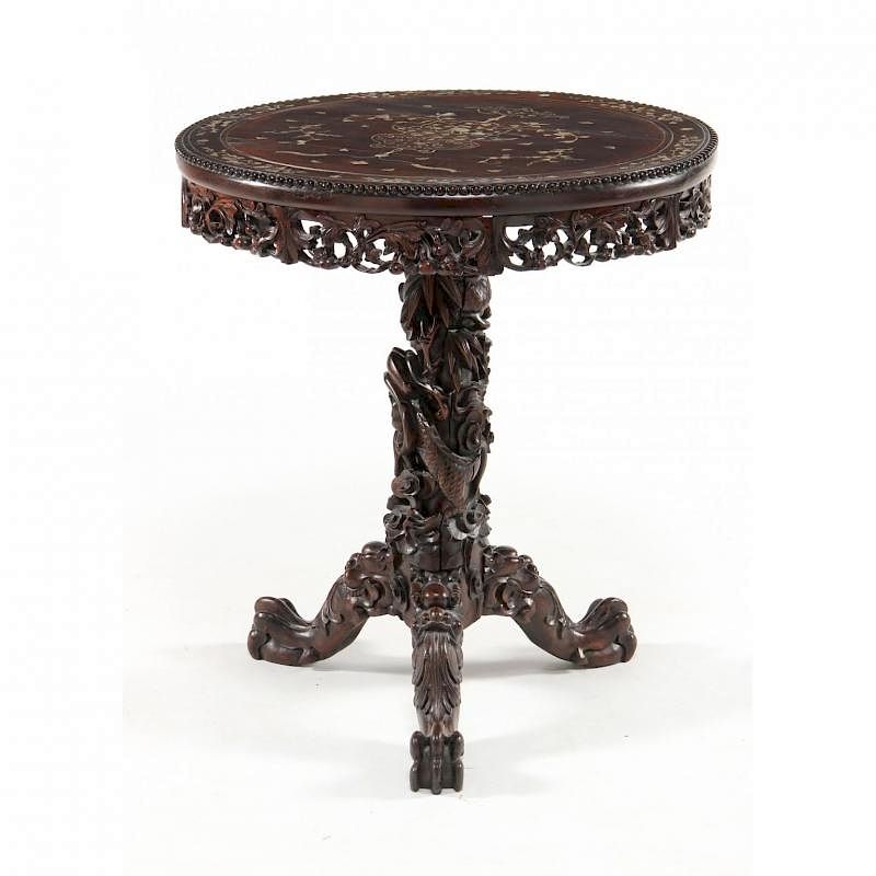 Appraisal: Asian Carved and Inlaid Tea Table late th century hardwood