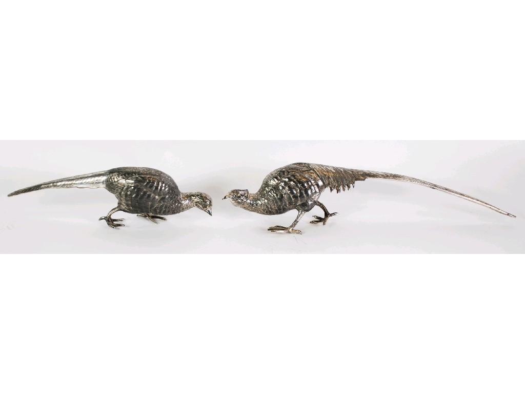 Appraisal: PAIR OF ENGLISH ELECTROPLATED MODELS OF PHEASANTS and cm and