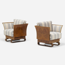 Appraisal: Art Deco Lounge chairs pair c burl veneer zebrawood upholstery