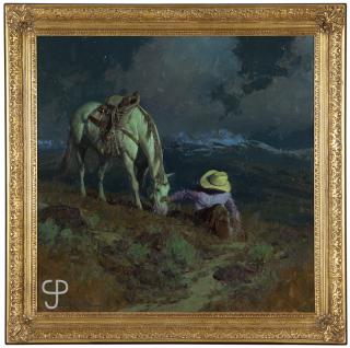 Appraisal: Bill Anton ''Good Company'' cowboy patting his horse at night