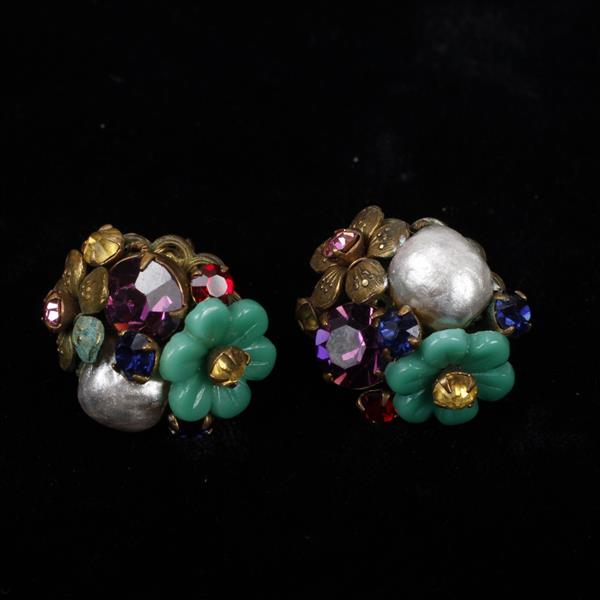 Appraisal: Miriam Haskell Floral Clip Earrings with Faux Pearl Molded Glass