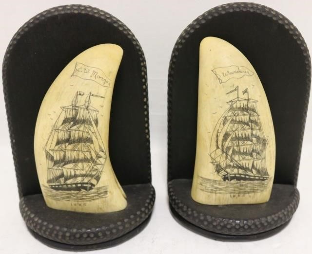 Appraisal: PAIR OF EARLY TH C SCRIMSHAW BOOKENDS DEPICTINGWHALESHIPS THE MORGAN