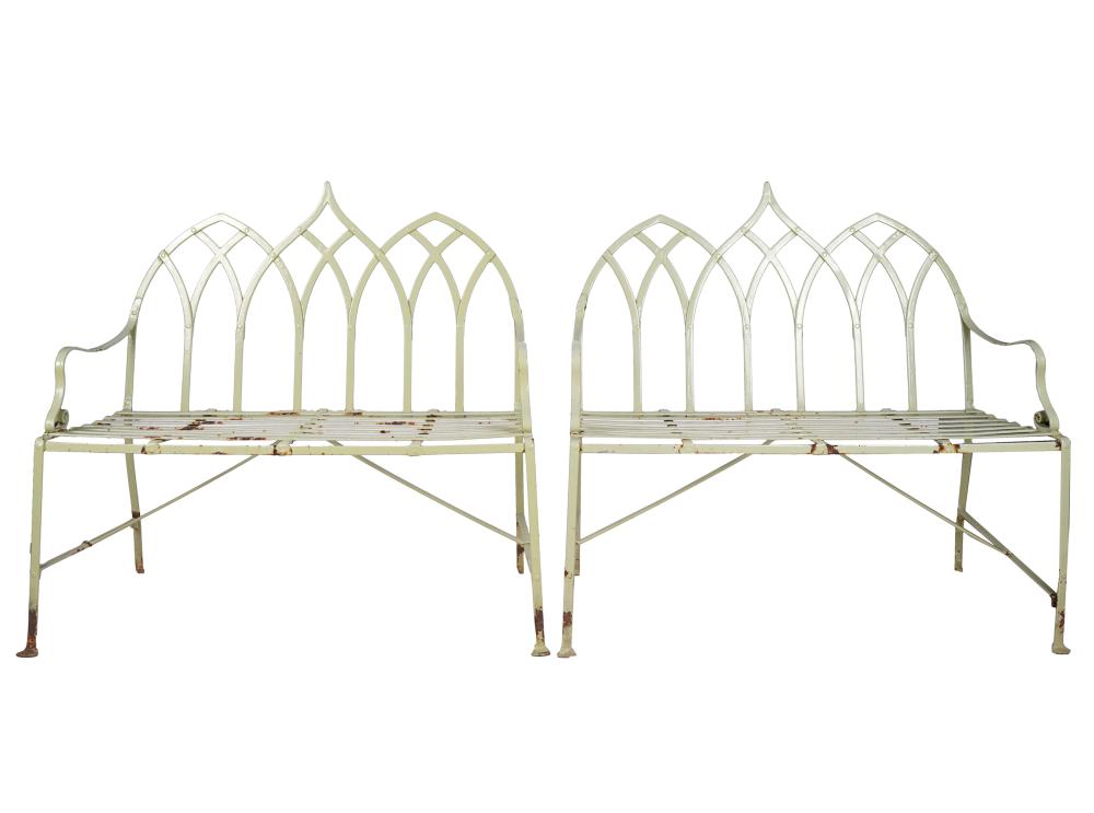 Appraisal: PAIR OF GOTHIC-STYLE GARDEN BENCHESgreen-painted iron each inches wide inches