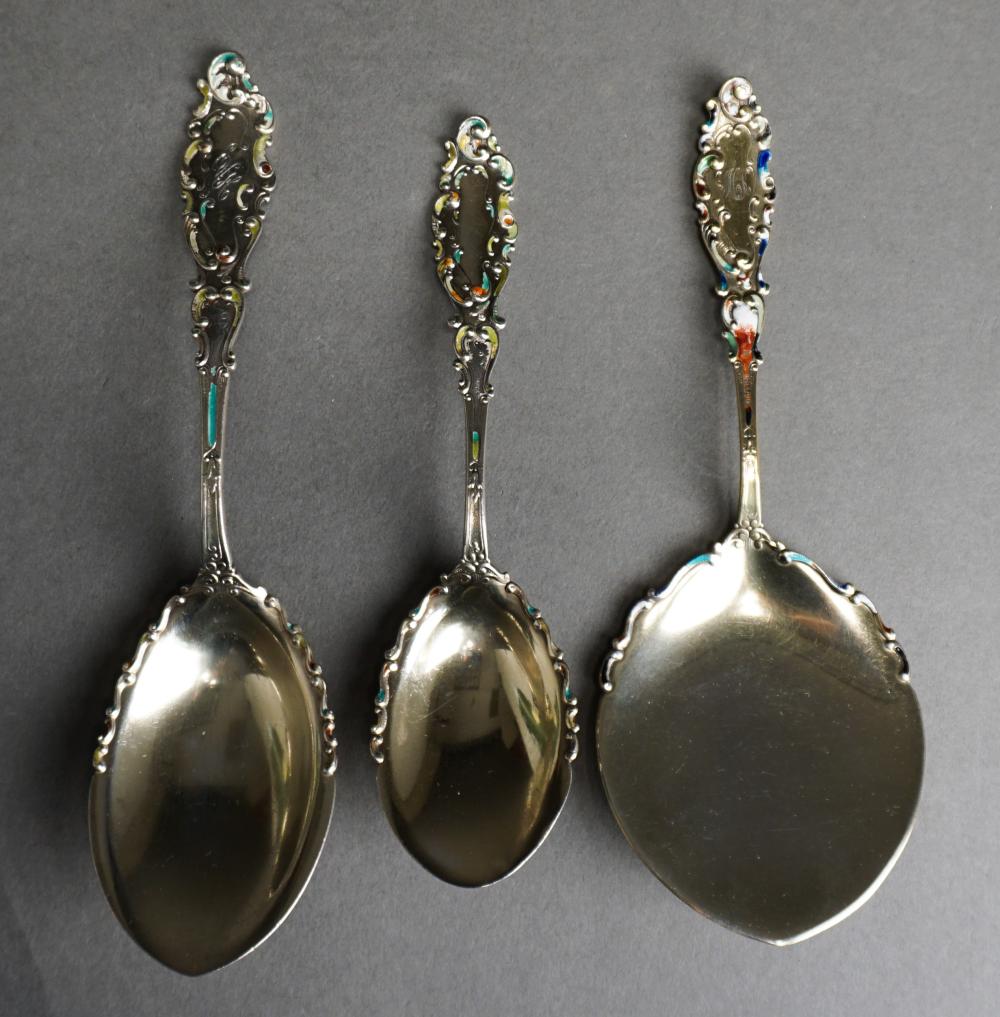 Appraisal: THREE GORHAM PARTIALLY ENAMELED GOLD WASHED STERLING SILVER SERVERS GROSS