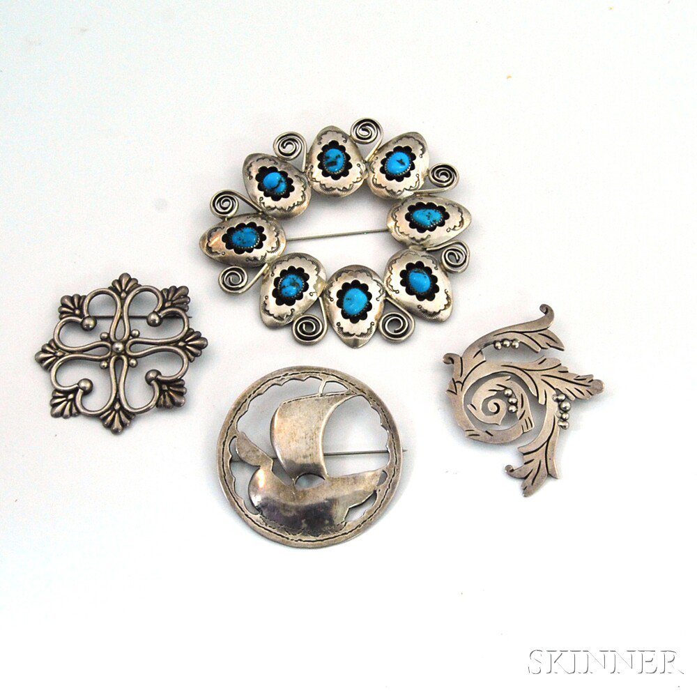 Appraisal: Four Silver and Stone Brooches a Southwestern silver and stone