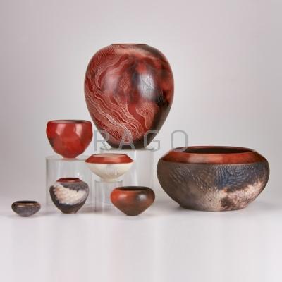 Appraisal: NANCEE MEEKER Seven pit-fired ceramic pieces three vases and four