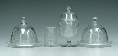 Appraisal: Four pieces pressed glass Actress two cheese dishes with domed