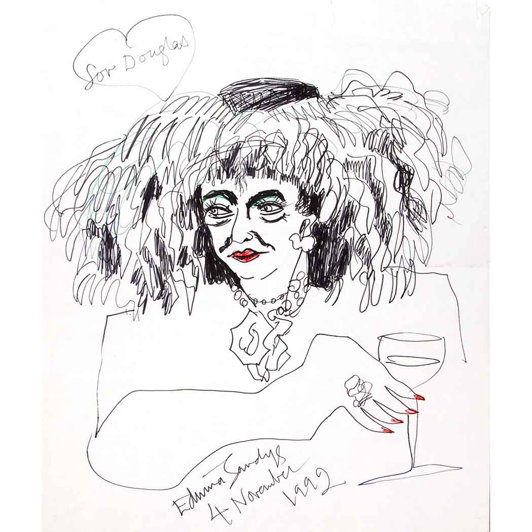 Appraisal: SANDYS EDWINA Drawing a self-caricature in pen and ink Signed