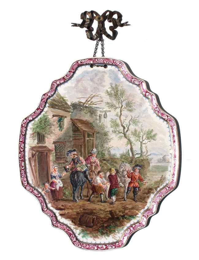 Appraisal: PAINTED PORCELAIN PLAQUE OF TRAVELERS LEAVING A TAVERN '' h