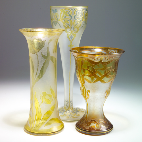 Appraisal: HONESDALE Three flaring vases cut-back or painted with Art Nouveau