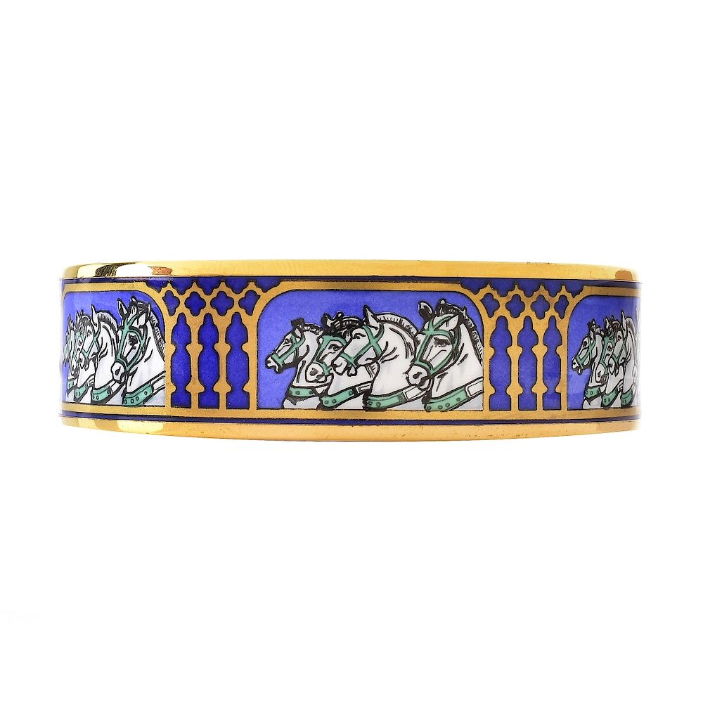 Appraisal: Hermes Enamel Bracelet Hermes Equestrian Gold Tone Enamel Bangle Bracelet