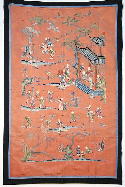 Appraisal: Two silk ground textiles with 'One Hundred Children' decoration The