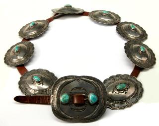 Appraisal: A GREAT PRIMITIVE SILVER AND TURQUOISE CONCHO BELT With an