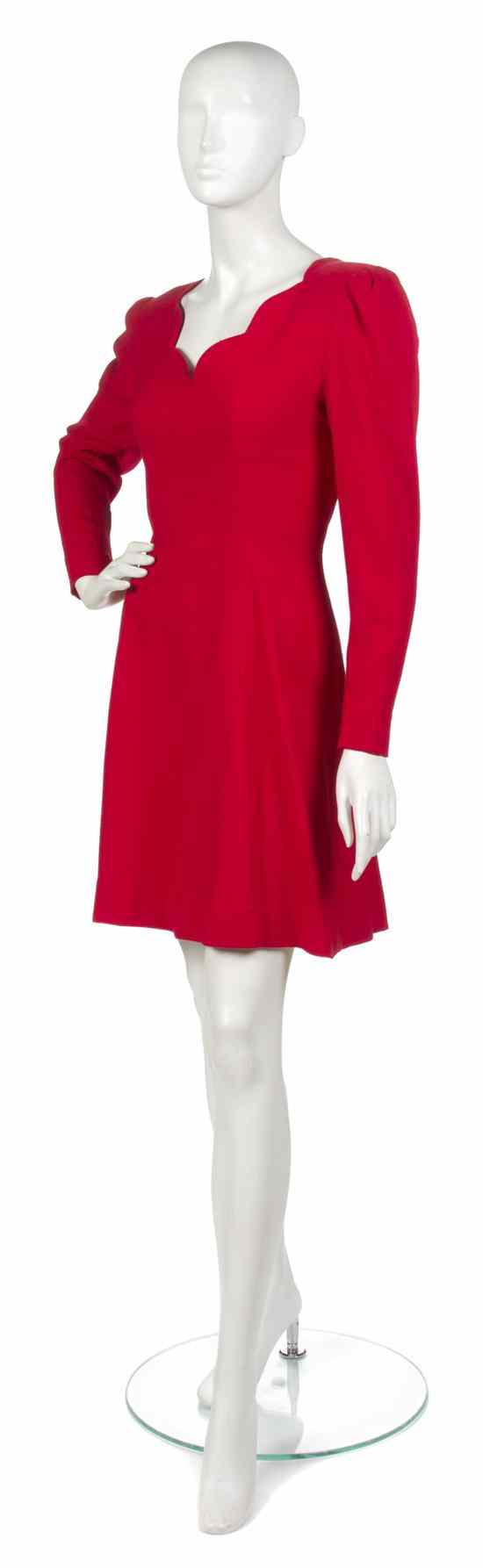 Appraisal: A Pauline Trigere Red Wool Crepe Dress scalloped neckline and