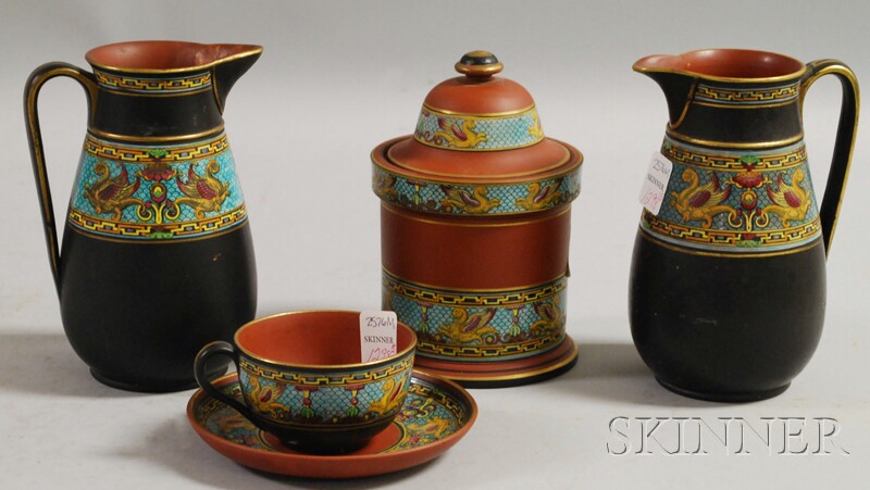 Appraisal: Five English Terra Cotta Enamel-decorated Table Items a pair of