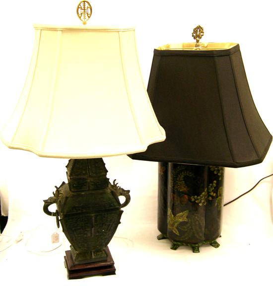 Appraisal: Two Oriental design lamps one metal archaic bronze style ''