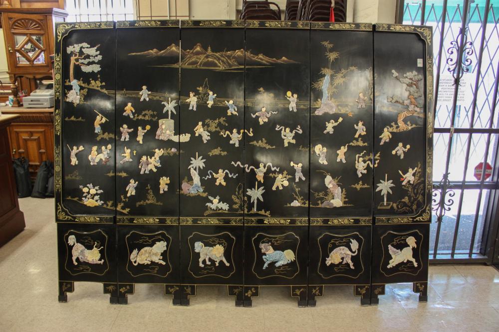 Appraisal: CHINESE SIX-PANEL FLOOR SCREEN a pictorial landscape design with carved