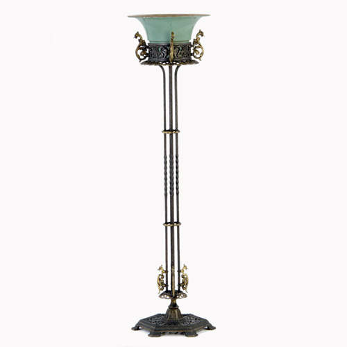 Appraisal: OSCAR BACH Iron and bronze plant stand with enameled metal