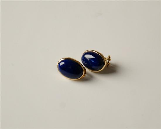 Appraisal: Oval Lapis Cabochon Earrings in K Yellow Gold Bezels clip