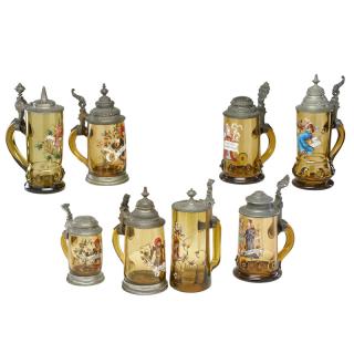 Appraisal: ENAMELED GLASS TANKARDS Eight Each amber glass stein decorated with